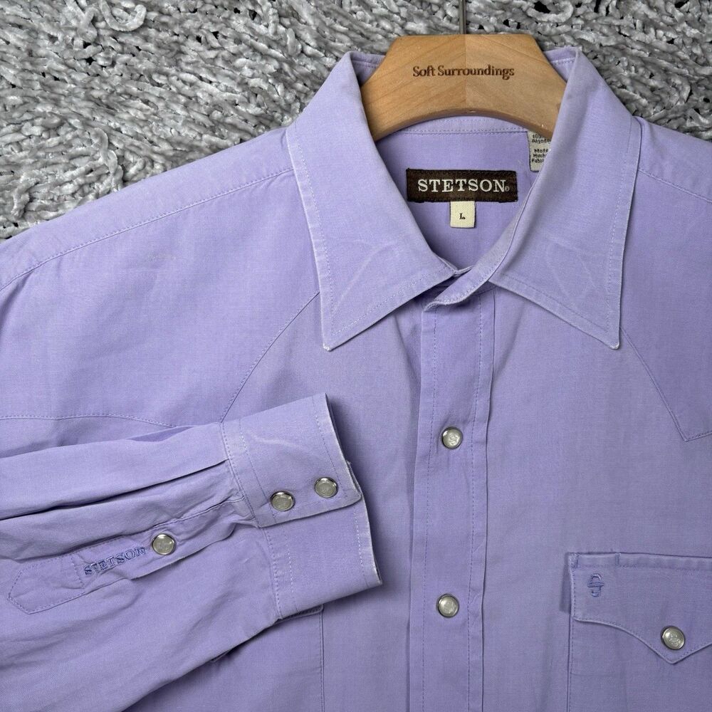 Stetson Western Pearl Snap Shirt Mens Large Purple Long Sleeve Preppy Pockets